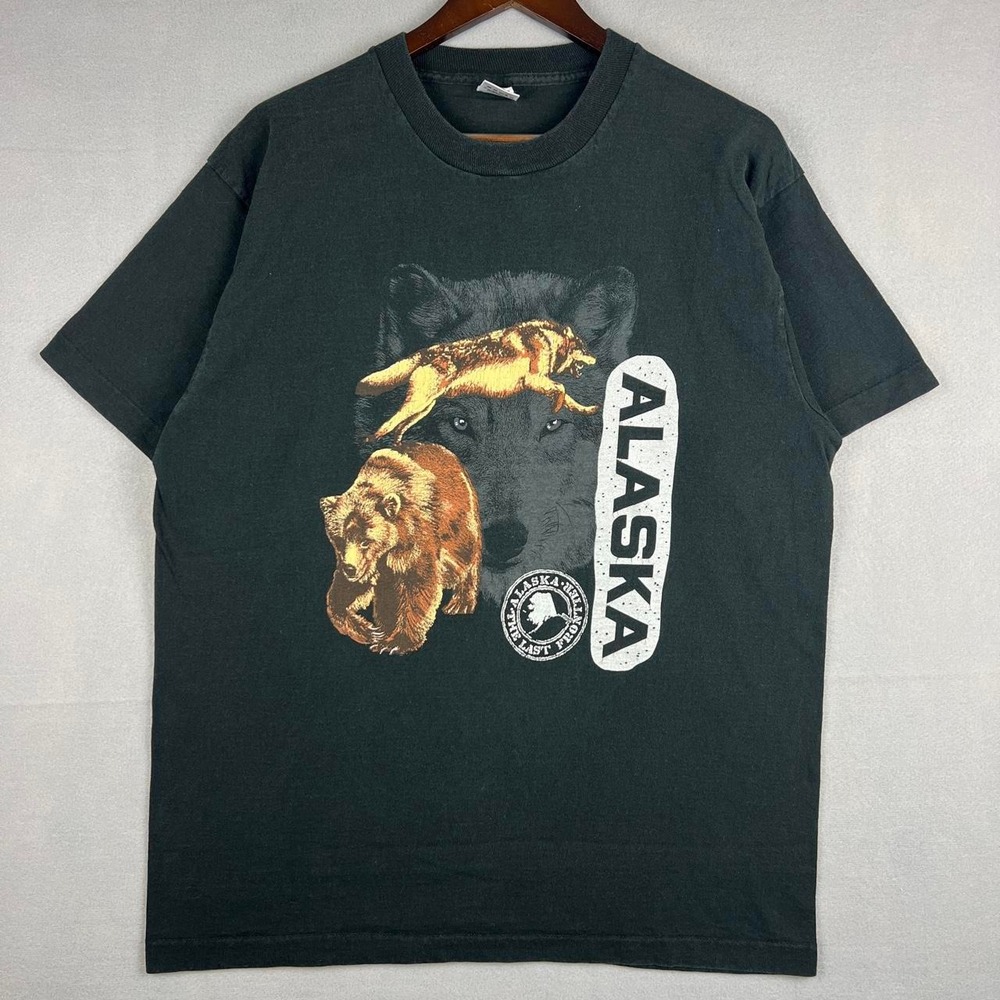 Vintage Alaska Black Nature Tee Shirt Wolf and Bear XL
